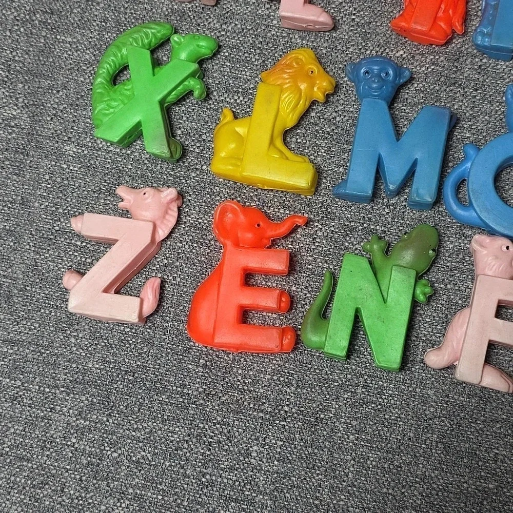 Vintage Blow Mold Soft Plastic ABC Letters Blocks Animals Nursery Toy Decor 60's